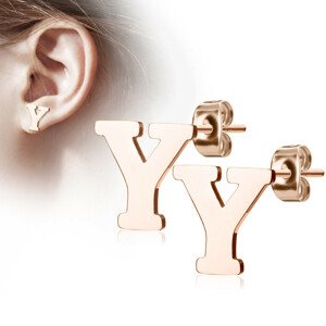 Oceľové náušnice v medenej farbe - písmeno abecedy "Y", puzetky