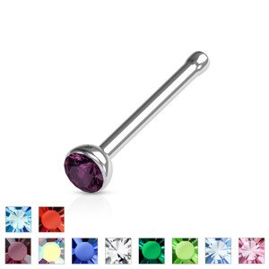Rovný piercing do nosa z 316L ocele - farebný krištáľ v objímke, 1 mm - Farba zirkónu: Fialová - A