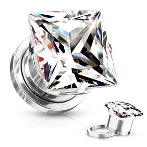 Plug do ucha z chirurgickej ocele - štvorcový zirkón, lesklý povrch striebornej farby, PVD  - Hrúbka: 4 mm