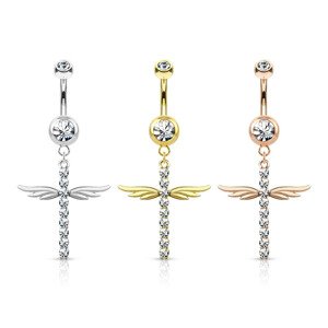 Oceľový 316L piercing do bruška, ródiovaný - okrídlený kríž, okrúhle číre zirkóny, 1,6 mm - Farba: Strieborná