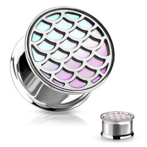 Plug do ucha z 316L ocele - rybie šupiny s dúhovým efektom, lesklý povrch - Hrúbka: 10 mm