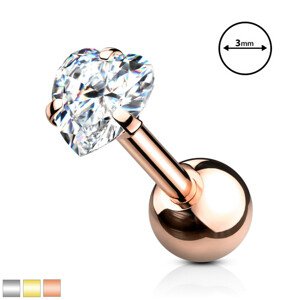 Piercing z 316L ocele do tragusu - číre srdiečko, 1,2 mm, priemer 3 mm, PVD - Farba: Zlatá