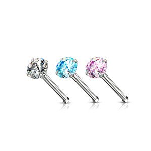 Rovný oceľový piercing do nosa - strieborná farba, okrúhly zirkón, 0,8 mm, priemer 2 mm - Farba zirkónu: Aqua modrá - Q