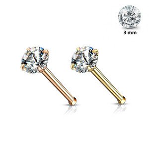 Rovný piercing do nosa z 316L ocele - okrúhly číry zirkón, PVD, 0,8 mm, priemer 3 mm - Farba: Zlatá