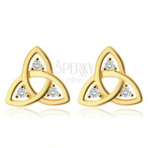 Diamantové náušnice zo žltého 375 zlata - symbol Triquetra, brilianty čírej farby