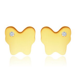 Diamantové náušnice zo 14K žltého zlata - motýlik s drobným čírym briliantom