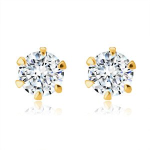 Diamantové náušnice zo 14K žltého zlata - ligotavý briliant v kotlíku, puzetky