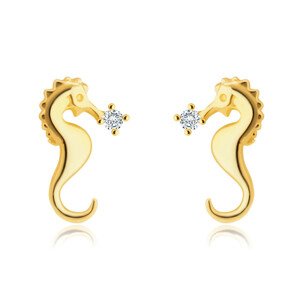 Diamantové náušnice zo 14K žltého zlata - morský koník, trblietavý okrúhly briliant
