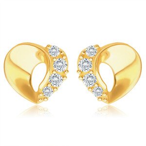 Diamantové náušnice zo žltého 14K zlata - srdiečko so zvlnenou líniou, číre brilianty