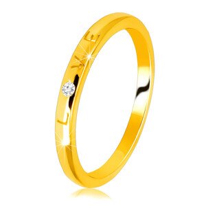 Diamantová obrúčka v žltom 14K zlate - nápis "LOVE" s briliantom, hladký povrch, 1,5 mm  - Veľkosť: 56 mm
