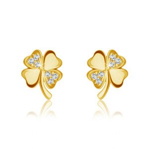Diamantové náušnice zo 14K žltého zlata - štvorlístok s ligotavými briliantmi