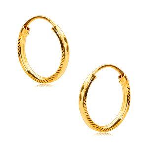 Náušnice v žltom 375 zlate - kruhy s bočným ryhovaním a diamantovým rezom, 13 mm