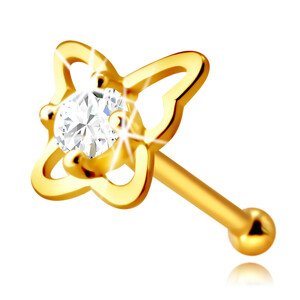 Zlatý piercing do nosa z 9K zlata - kontúra motýľa s okrúhlym zirkónom čírej farby, 2,25 mm