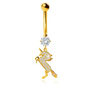 Piercing do pupka zo žltého 9K zlata - skákajúci jednorožec, číre zirkóniky