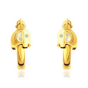 Zlaté 14K náušničky - krúžky, malý slon s čírymi zirkónmi, 12 mm