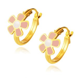 14K zlaté náušnice - kruhy s kvietkom, ružové lupene, biely stred, 10 mm
