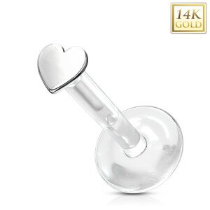 Piercing z bieleho 14K zlata do ucha, brady, pery - drobné srdiečko, priehľadný Bioflex
