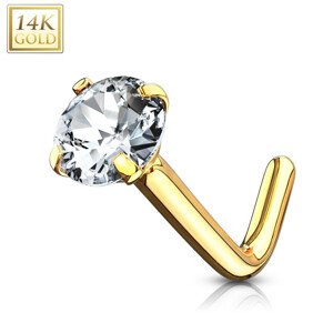 Zahnutý piercing do nosa zo žltého 14K zlata - brúsený zirkón, číra farba, priemer 3 mm