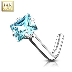 Piercing do nosa z bieleho 14K zlata - zahnutý, svetlomodrý štvorcový zirkón, 0,8 mm