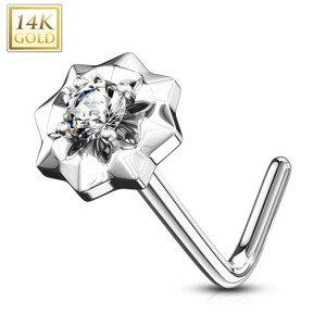 Zahnutý piercing do nosa z bieleho 585 zlata - drobný číry zirkón, hviezdička, 0,8 mm