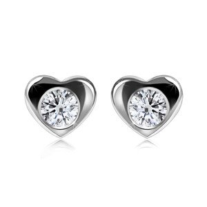 Briliantové náušnice z bieleho 375 zlata - lesklé srdce, okrúhly diamant, puzetky