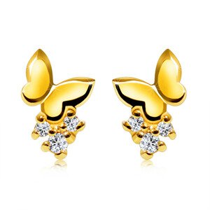 Briliantové náušnice z 9K žltého zlata - malý motýľ, okrúhle číre diamanty, puzetky