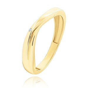 Prsteň zo žltého 9K zlata - zvlnená línia zdobená malým zirkónom, rozdelené ramená - Veľkosť: 51 mm