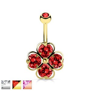 Oceľový piercing do pupka - štvorlístok pre šťastie s okrúhlymi zirkónmi, rôzne farby - Farba piercing: Strieborná - číra