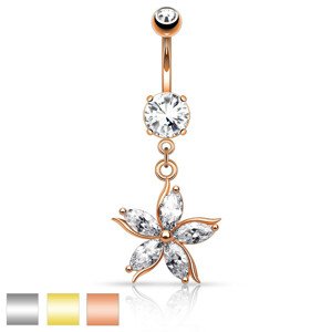 Piercing do bruška z ocele - kvet s čírymi zirkónovými lupeňmi, rôzne farby - Farba: Zlatá