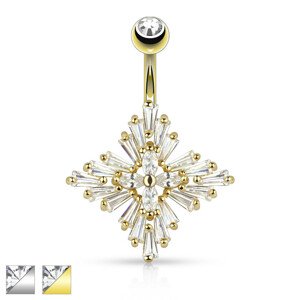 Piercing do pupka z ocele - žiarivý kríž zdobený brúsenými zirkónmi, rôzne farby - Farba: Strieborná