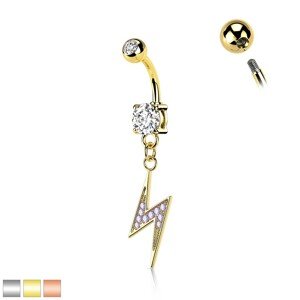Piercing do pupka z ocele - blesk s dúhovými zirkónikmi, okrúhly zirkón - Farba: Strieborná