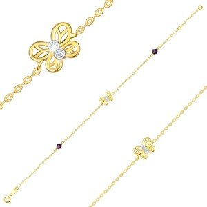 Náramok z kombinovaného zlata 585 - dvojfarebný motýľ, tmavofialové krištále Swarovski