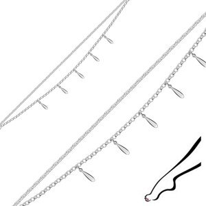 Náramok na členok v striebre 925 - lesklé visiace kvapky, dvojitá retiazka