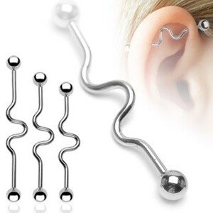 Oceľový piercing do ucha - vlnky, činka, guličky - Rozmer: 1,6 mm x 38 mm x 5 mm