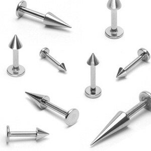 Oceľový piercing do brady a pery - hrot v striebornom odtieni, hrúbka 1,2 mm - Rozmer: 8 mm x 4x4 mm