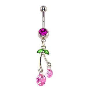 Piercing do pupku - visiace ružové čerešne, zirkóny