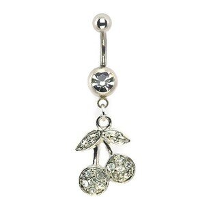 Oceľový piercing do pupku - čerešne, číre zirkóny
