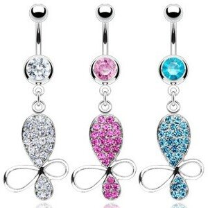 Piercing do pupku v tvare mašle vykladaný zirkónmi - Farba zirkónu: Aqua modrá - Q