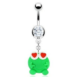 Piercing do pupku - zelená Fimo žabka, srdiečka