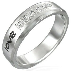 Oceľový prsteň - nápis "love", šesť zirkónov - Veľkosť: 59 mm