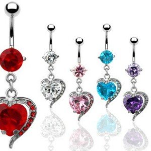 Piercing do pupka - zirkónové srdce, kovový obrys - Farba zirkónu: Aqua modrá - Q