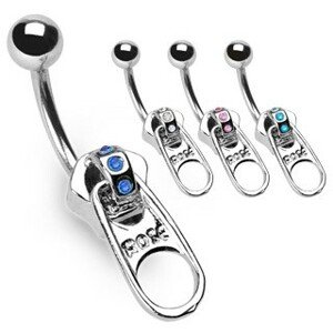 Piercing do pupka - zips, tri vsadené zirkóny - Farba zirkónu: Aqua modrá - Q